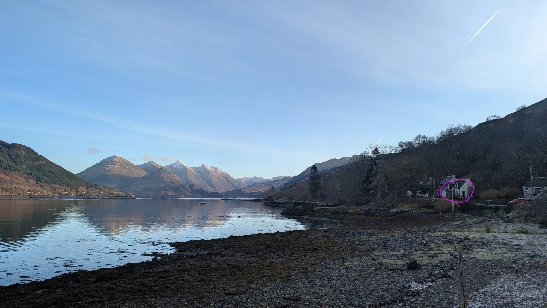 View across Loch Duich with Fearainn Ur circled in pink